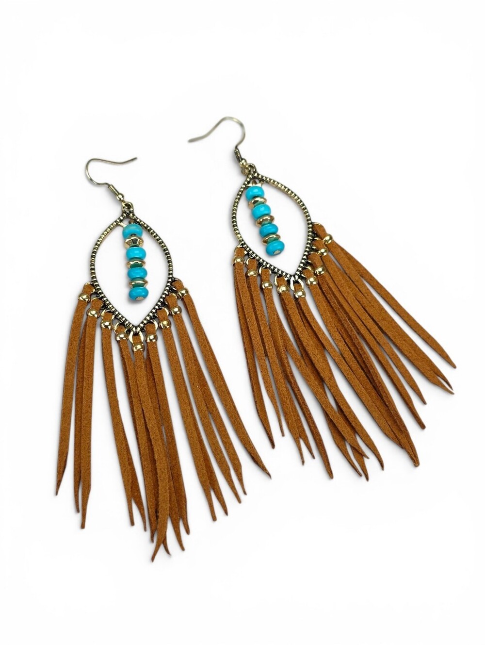 Western Cowgirl Brown Suede Fringe Hoop Earrings Turquoise Gold